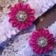 Wedding Garter Set with a Fuchsia Pink Daisy and Lace Daisies, Bridal Garter on White Satin