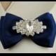 Set of 2 Shoe Clips in Navy Blue Bow  with Sparkly Rhinestone Crystal Clear Wedding Shoe clips Bridal Shoe Clips