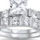 2.54 Carat Princess Cut Baguette Round Clear Crystal Russian Diamond CZ Wedding Engagement Bridal Ring Matching Band Set 925 Sterling Silver