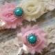 Pink Wedding Garter / CUSTOMIZE IT / Bridal Garter / Turquoise Pearl Center / Lace Garter Set / Toss Garter Included