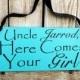 Uncle Here Comes your Girl flower girl and ring bearer sign with Ribbon handle DOUBLE SIDED, Blue Wedding