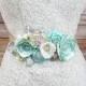 READY TO SHIP Bridal Sash / Belt in Aqua Mint Blue, Celery Green, Ivory and Champagne with Brooches and Handmade Flowers