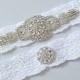 Bridal White Stretch Lace Wedding Garter Set - Vintage Style Bridal Garter Set - Keepsake and Toss Garters - Rhinestone Wedding Garter Belt