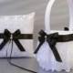 Black Wedding, Bridal Flower Girl Basket and Ring Bearer Pillow Set on Ivory or White ~ Double Loop Bow & Hearts Charm ~ Allison Line