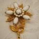 White Rhinestone Flower Brooch / Etched Gold Flower Pin With White Rhinestones / Bridal Jewelry / Layered Pin / 3D Brooch