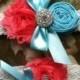 Wedding Garter-Coral Aqua Blue Ivory Lace Garter Set-Bridal Garter- Vintage Garter - Prom Garter - Toss Garter - Rhinestone - Pearl