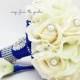 Reserved - Real Touch Bridal Bouquet Stephanotis Roses Calla Lilies White Cobalt Blue & Groom's Boutonniere Bridesmaids Bouquets