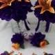 8 Piece Wedding SiLK FLoWeR Package Orange LiLieS and dark purple Roses Tropical Destination Weddings Bridal Bouquet and Boutonnieres