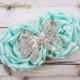 Aqua / Tiffany Blue Flower Headband, Satin Rosette Duo w/ Rhinestone Bow Headband, Flower Girl Wedding, Baby Toddler Child Girls Headband