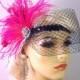 Gatsby Wedding, Bridal Feather Headband, Hot Pink and White, Wedding Veil, Downton Abby, Feather Fascinator