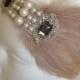 NUDE Great Gatsby Headband, Beige beaded 1920s dress headpiece, Cream Feather Headbands, Glamorous Wedding Headpiece,