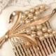 Vintage Ivory Pearl Gold Leaf Bridal Hair Comb, TRIFARI Rose Gold Hairpiece Crystal Haircomb, Rustic Country Eco Modern Wedding Accessory