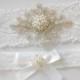 TARA Wedding Garter Set Pearl Cluster Rhinestone Applique on Light Ivory Stretch Bridal Garter Set