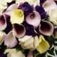 Reserved- Cascade Bridal Bouquet Featuring Real Touch Picasso Callas,White Roses, and Purple Hydrangea Bridesmaids Bouquets Boutonnieres