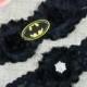 Batman Wedding Garter Set, Bridal Garter and Toss Garter Set, Super Hero Garter, All Black Chiffon Shabby Flower Garter Belt, Lace Garters