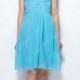 Blue Flower One Shoulder Front Pleated Knee Length Chiffon Bridesmaid Dress