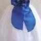 Flower Girl Dresses - WHITE with Blue Royal Satin Dress (FD0SV) - Wedding Easter Bridesmaid - For Children Toddler Kids Teen Girls