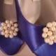 Cobalt Blue Satin Wedding Shoes Bridal Wedge Open Toe With Pearls and Crystals Bridal Shoes Red Satin, Ruby Red Slippers