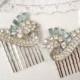 PAIR Aqua Blue Art Deco Rhinestone Bridal Hair Combs, Great Gatsby Pave Fur Clips to OOAK Accessory 1920s Flapper Vintage Wedding Hairpiece
