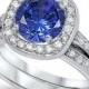 925 Sterling Silver 2.50 Carat Round Blue Sapphire Clear Topaz Wedding Engagement Anniversary Bridal Set Halo Ring and Matching Band