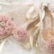 Bridal Lace Clutch, Lace Ballet Flats, Wedding, Bridal in Champagne, Ivory, Rose, Blush with Chiffon, Crystals and Pearls- Rose Gold Set