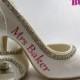 Mrs New Last name Personalized Bridal Heels Wedding Ivory Bridal Shoes 3.5 inch Peep Toe Satin Bow Rhinestone Bling Pumps Bride Gift