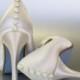 Wedding Shoes -- Ivory Peep Toe Wedding Shoes with Silver Rhinestone Adornment on the Toe, Blue Painted Sole and Ivory Satin Buttons