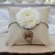 White Ranunculus flower custom ivory burlap ring bearer pillow  shabby chic with engraved heart  initials... many more colors available