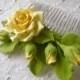 Hair comb polymer clay flowers. Yellow rose with buds. - New