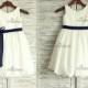 Ivory Cotton Flower Girl Dress/Navy Blue Sash Wedding Easter Junior Bridesmaid Baptism Baby Infant Children Toddler Kids Dress