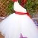 Tutu Dress, Flower Girl Dress, White Tulle, Scarlet Red Ribbon, Apple Red Flower, Fabric Flower, Portrait Dress, Wedding Flower Girl Dress