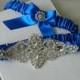 Wedding Garter,Bridal Garter, Royal Blue Satin With Crystal Rhinestone Applique