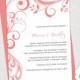 Coral Wedding invitation template "Scroll" - Printable invitations - YOU EDIT digital Word template/ JPG Instant Download