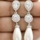 Pearl Earrings Bridal Jewelry Pearl Wedding Jewelry Cubic Zirconia Posts White Pearl Large Teardrops Crystal Wedding Earrings