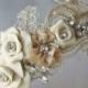 Champagne Lace Headband With Vintage Rhinestones And Pearls, Bridal Headband, Rhinestone Head Piece - ELISABETA