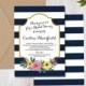 Navy White Stripe Flower Shower Invitation - double sided custom 5x7 printable floral calligraphy gold pink yellow preppy bright modern