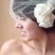 Bridal veil and hair clip or comb detachable Ivory tulle blusher birdcage with satin roses tiny pearls fascinator champagne - ROSALIAH 