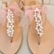 Summer wedding sandals -Pearl sandals -Bridesmaids sandals - Bridal party sandals- Pink pearls sandals -Pearls Bow decoreted sandals