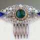 Bridal Rhinestone Comb Emerald Sapphire, Wedding Hair Comb Blue Drop Green Brooch, Bridal Hair Comb