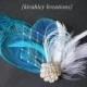 BARBIE -- Wedding Peacock Feather Hair Clip Headpiece Fascinator Malibu Blue Teal Turquoise w/ Russian Veil Rhinestone Bride Bridesmaid Prom