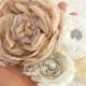 Sash, Bridal, Wedding, Tan, Champagne, Blush, Nude, Ivory with Handmade Chiffon Flowers, Crystals, Pearls, Lace and Brooch