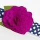 Dog Collar with Flower - Plum Camellia on Navy Polka Dots