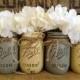 Set of 4 Pint Mason Jars, Ball jars, Painted Mason Jars, Flower Vases, Rustic Wedding Centerpieces, Yellow and Grey Mason Jars