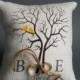 Wedding rustic natural Burlap linen Ring Bearer Pillow Yellow Birds on Brown tree and linen rope