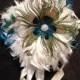 VINTAGE BLING Ivory or White Peacock Feather Bridal Bouquet Wedding Bouquets Bling Crystal Custom Bride Feathers Colors Turquoise Blue Green