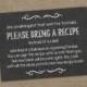 Please Bring a Recipe Instead of a Card! Insert for Bridal Shower Invitations - Cookbook Gift Idea w/ Chalkboard or Rustic Theme DIY Burlap