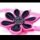 Girls ribbon flower headband - hot pink and black kanzashi flower hair band for girls swarovski crystal