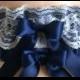Navy Blue Satin and White Lace Wedding Garter Set, Bridal Garter, Prom Garter, White Lace Garter, Keepsake Garter