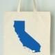 SALE CALIFORNIA LOVE Tote - San Diego royal blue state silhouette with heart on natural bag