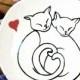 Cat Friendship Love Ring Bowl, Dish - Best Kitty Friends, Lovers, Red Hearts, BFF Trinket Jewelry, Original Drawing Pet Food Shallow Plate